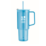 Gobelet portable translucide en RPET avec couvercle et paille 1,2 L couleur bleu clair transparent vue avec zone d'impression