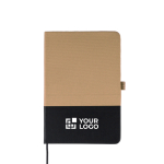Carnet A5 en RPET avec détail en PU en bas, pages lignées couleur beige avec zone d'impression
