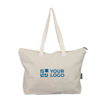Sac en polycoton recyclé, fermeture éclair et longues anses 330 g/m² couleur beige avec zone d'impression
