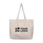 Sac en velours avec longues anses, compartiment et poche intérieure couleur beige avec zone d'impression