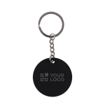 Porte-clés rond en acier inoxydable recyclé et caoutchouc couleur noir avec zone d'impression