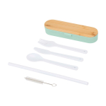 Set de couverts réutilisables avec boîte et couvercle en bambou couleur vert menthe deuxième vue frontale