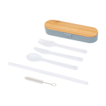 Set de couverts réutilisables avec boîte et couvercle en bambou couleur bleu gris deuxième vue frontale