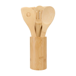 Jeu de cinq spatules de cuisine avec support en bambou couleur bois deuxième vue frontale