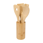 Jeu de cinq spatules de cuisine avec support en bambou couleur bois