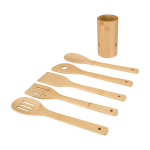 Jeu de cinq spatules de cuisine avec support en bambou couleur bois troisième vue