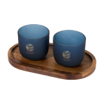 Plateau élégant en bois avec 2 verres, finition mate 200 ml couleur bleu bondi vue avec impression sérigraphique