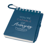 Mini carnet à spirale avec stylo à encre noire couleur bleu marine vue avec impression sérigraphique