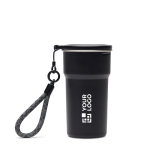 Tasse de voyage 450 ml en inox recyclé avec verres intégrés couleur noir avec zone d'impression