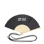 Éventail en polyester avec tiges en bambou et corde de transport vue principale