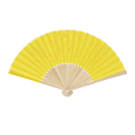 Éventail avec tiges en bambou et tissu en polyester en couleurs couleur jaune première vue