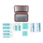 Trousse de premiers secours métallique conforme aux normes UE couleur rouge quatrière vue