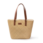 Sac en paille avec doublure en coton et longues anses en similicuir couleur naturel deuxième vue