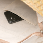 Sac en paille avec doublure en coton et longues anses en similicuir couleur naturel vue détaillée 1