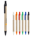 Stylo en papier avec détails en plastique colorés, encre bleue