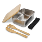 Boîte repas en inox avec couvercle en bambou, couverts et élastique couleur argenté deuxième vue