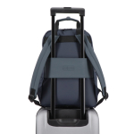 Sac à dos idéal pour les voyages avec sangle pour valise et poignées couleur bleu foncé quatrière vue