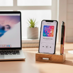 Support multifonction en bambou naturel avec amplificateur de son vue d'ambiance