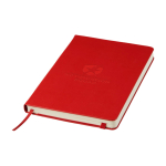 Cahier grand format à fermeture élastique Moleskine, pages lignées couleur rouge foncé vue détail avec logo