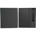 Coffret carnet rigide avec stylo à encre noire assorti couleur noir troisième vue frontale
