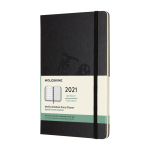 Agenda hebdomadaire rigide Moleskine 12 mois, en papier effet cuir couleur noir vue détail avec logo