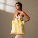 Sac en coton recyclé avec anses longues et motif rayé 180 g/m² couleur jaune troisième vue