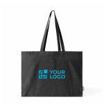Grand sac en coton recyclé avec soufflet et longues anses 220 g/m² couleur noir avec zone d'impression