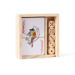 Set de cartes à jouer et dés dans une boîte coulissante en bois couleur bois clair première vue
