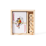 Set de cartes à jouer et dés dans une boîte coulissante en bois couleur bois clair