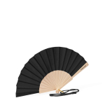 Éventail en bois et polyester avec tissu et cordon assortis couleur noir avec zone d'impression