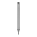 Stylo en aluminium au toucher doux, corps fin et encre noire couleur gris clair quatrière vue
