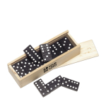 Jeu de dominos avec pièces en bois FSC dans un étui en bois couleur marron avec zone d'impression