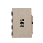 Carnet A5 en paille de blé et plastique avec stylo, pages lignées couleur marron avec zone d'impression