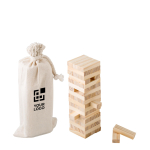 Jeu d’adresse avec blocs en bois de pin FSC dans un sac en coton couleur marron avec zone d'impression