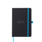Carnet A5 en similicuir recyclé, fermeture élastique, pages lignées couleur bleu ciel avec zone d'impression
