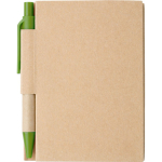 Bloc-notes en carton avec stylo à encre noire et feuilles lignées couleur vert clair première vue