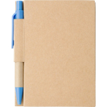 Bloc-notes en carton avec stylo à encre noire et feuilles lignées couleur bleu ciel première vue