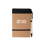 Bloc-notes en carton recyclé avec stylo et fermeture élastique couleur noir avec zone d'impression