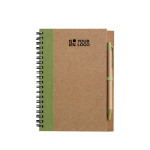 Bloc-notes A5 en carton recyclé avec stylo, pages lignées couleur vert clair avec zone d'impression