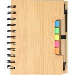 Carnet en bambou avec notes adhésives, stylo et pages lignées première vue