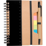 Carnet en papier recyclé avec notes adhésives, stylo et pages lignées couleur noir première vue