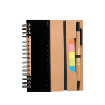 Carnet en papier recyclé avec notes adhésives, stylo et pages lignées couleur noir avec zone d'impression