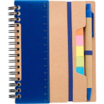 Carnet en papier recyclé avec notes adhésives, stylo et pages lignées couleur bleu première vue