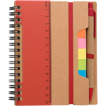 Carnet en papier recyclé avec notes adhésives, stylo et pages lignées couleur rouge première vue