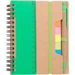 Carnet en papier recyclé avec notes adhésives, stylo et pages lignées couleur vert clair première vue