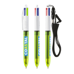 Stylo en plastique avec cordon, encre 3 couleurs et 1 surligneur BIC® couleur vert lime transparent