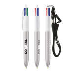 Stylo avec cordon à porter autour du cou et encre 4 couleurs BIC® couleur argenté