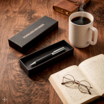 Stylo chromé en acier inoxydable, finition brillante, encre noire vue d'ambiance