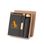 Kit de bureau avec gourde en verre, bloc A5 et stylo à encre bleue couleur noir image avec logo