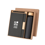 Kit de bureau avec gourde en verre, bloc A5 et stylo à encre bleue avec zone d'impression